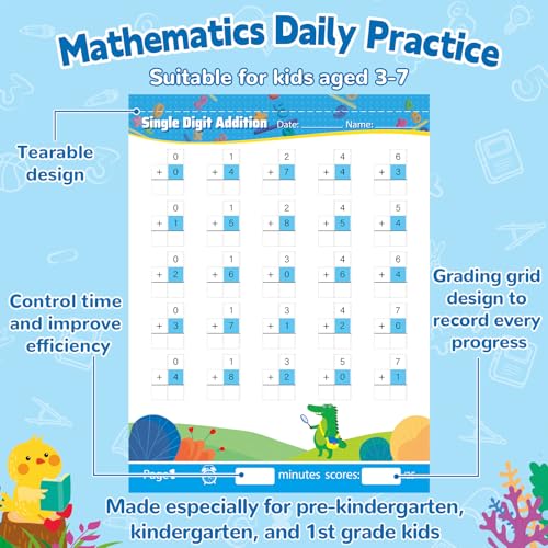 Image of Addition and Subtraction Practice Worksheets Single Digit Math Problem Workbook for Pre-Kindergarten, Kindergarten, and 1st Grade Students for Ages 3-7, 56 Pages Front and Back, 5 Question Types