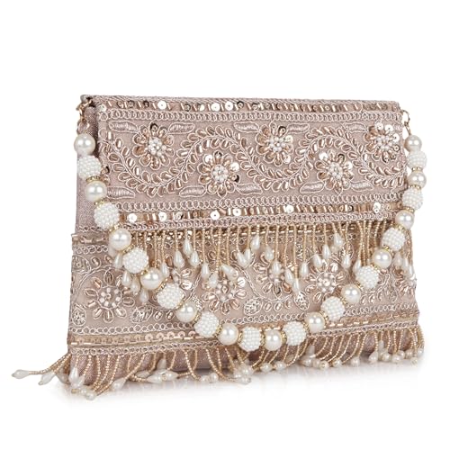 Image of Nevis PU Silk Fabric Women's Embellished bride Clutch with Pearl Handle | Fancy Designe & Wedding Potli Bag for Festive & Evening