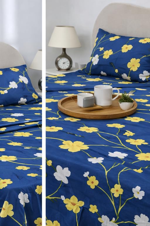 Image of BSB HOME 2 Bedsheet Combo Set with 4 Pillow Covers - Premium Cotton Glace Cotton Microfiber Printed Double Bedsheets, 2 Elegant Colors, Soft Breathable Luxury Bedding Set - Blue and Yellow