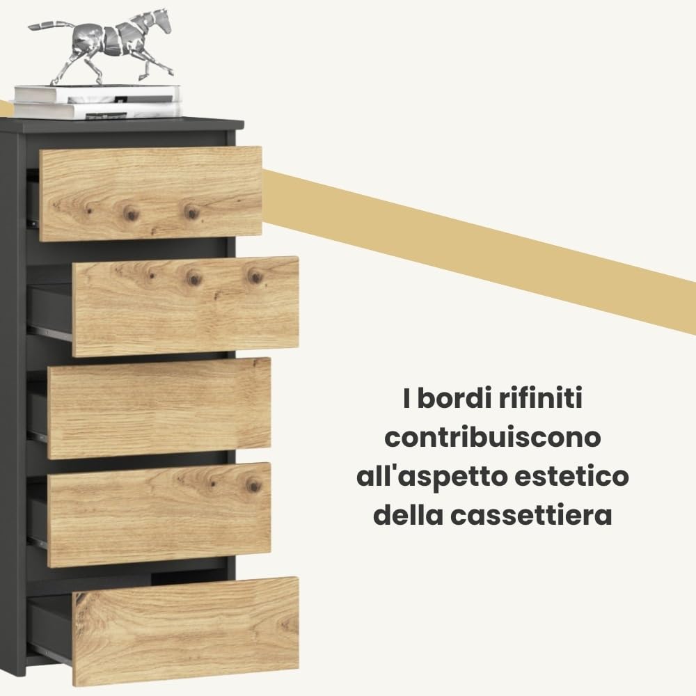 AKORD | Cassettiera a 5 Cassetti | Credenza Alta | Moderna Mobiletto per Soggiorno Sala da Pranzo Camera da Letto Corridoio Bagno | Armadio Cameretta | 35x40x92 cm | Grigio grafite |Rovere artigianale