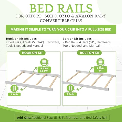 Image of Full-Size Conversion Kit Bed Rails for Oxford, Soho, Ozlo & Avalon Baby Convertible Cribs - Solid Wood - Toddler and Adult Rail for Full-Size Bed - Nursery and Baby Furniture (White, Hook-On Kit)
