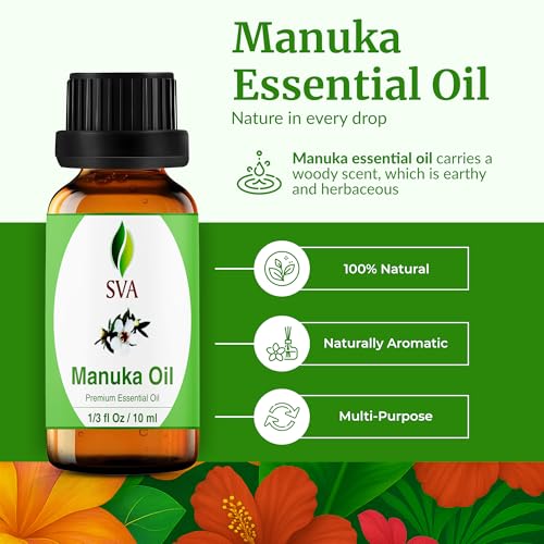 Image of SVA Manuka Essential Oil 1 /3 Fl Oz - for Diffuser, Skin & Hair Care - Ideal for Massage & DIY Blends - with Dropper