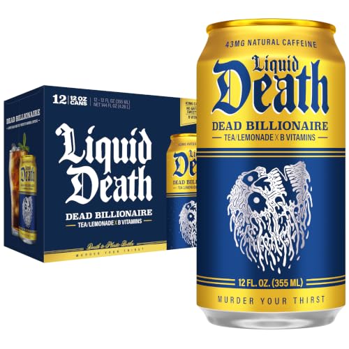 Liquid Death Iced Tea - Dead Billionaire (Black Tea/Lemonade), Less Sugar*, Boost of Caffeine, B Vitamins, No Artificial Sweeteners, 12 Fl Oz (Pack of 12)