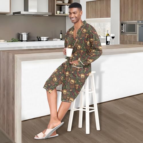 Long Sleeve Sleep Robes for Men-Cartoon Sasquatch, Lightweight Bathrobe with Belt Pockets M2