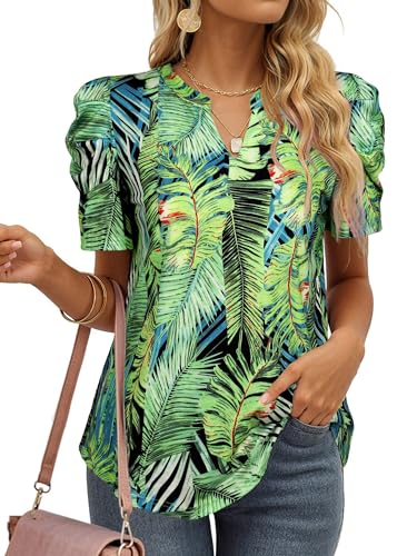 Ezcosplay Women Puff Sleeve Tops Floral Hawaiian Shirt Notched V Neck T-Shirt Casual Tropical Outfits2
