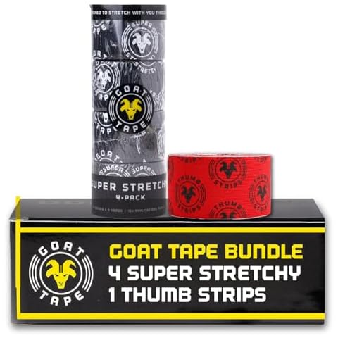 Goat Tape Black Super Stretchy Premium Thumb Tape (4-Pack) and Pre Cut Red Athletic Tape for Fingers - Extra Sticky Elastic Athletic Thumb Tape for Weightlifting Cover