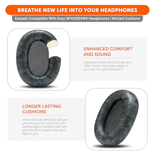 Image of WC PadZ XM6 - Premium Replacement Earpads Compatible with Sony WH-1000XM6 Headphones by Wicked Cushions | Enhanced Comfort, Durable PU Leather & Sound Isolation | Black Camo