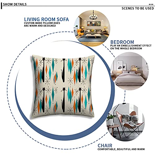 Mid Century Modern With Black Cat Throw Pillows Soft Square Cute Pillows For Bedroom Sofa Couch Home Decor 18" X 18" Set Of 2 Outdoor Decorative Pillow Covers #TOP4