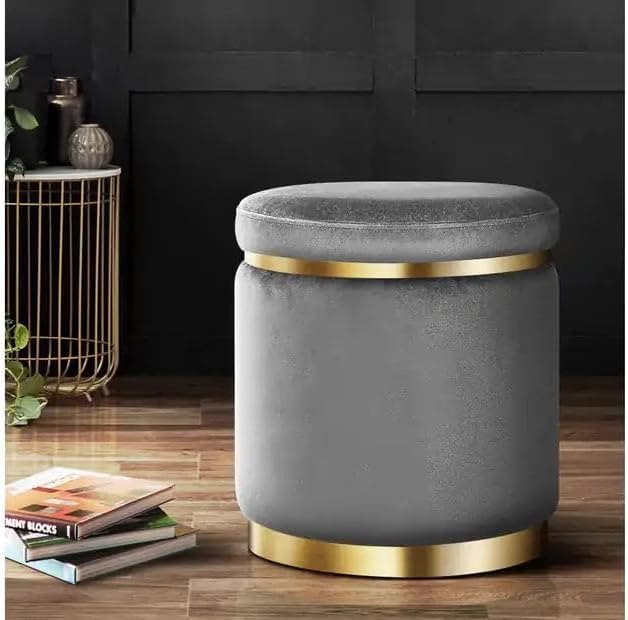 Ottoman Round Velvet Seating Stool Lounge Footstool Footest Pouf Dressing Stool Make Up Vanity Stool Extra Seat for Bedroom Hallway Office Living Room Home Decor Furniture (Grey)