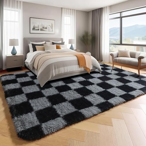 Image of KICMOR Large Rugs for Living Room 7x10 Area Rug, Black and Grey Big Fluffy Shag Shaggy Fuzzy Checkered Bedroom Carpet, Indoor Soft Plush Rug for Kids Boys Girls Dorm Nursery Home Decor Aesthetic