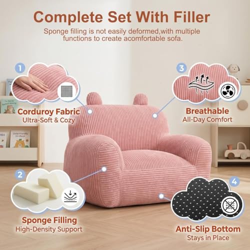 Image of Kids Bean Bag Chair Sofa with Filler Stuffed Filling Memory Foam Lazy Comfy Chairs Boys Girls Gaming Reading Relaxing Cute Living Room Bedroom Cozy Pocket Floor Relaxing Sofa