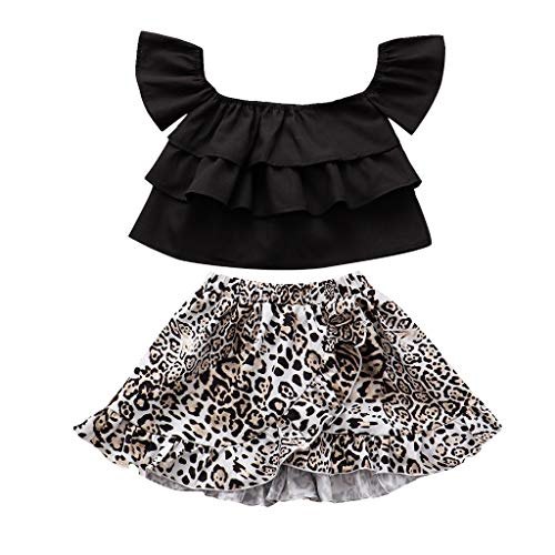 Girls Summer Clothes, Kids Baby Girls Sleeveless Off Shoulde Tops Lrregular Leopard Print Skirts Set for 3-8 Years Black