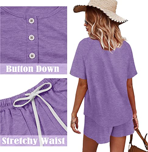 Image of WIHOLL Two Piece Outfits for Women Lounge Sets Button Down Top and Shorts Set Sweatsuits with Pockets