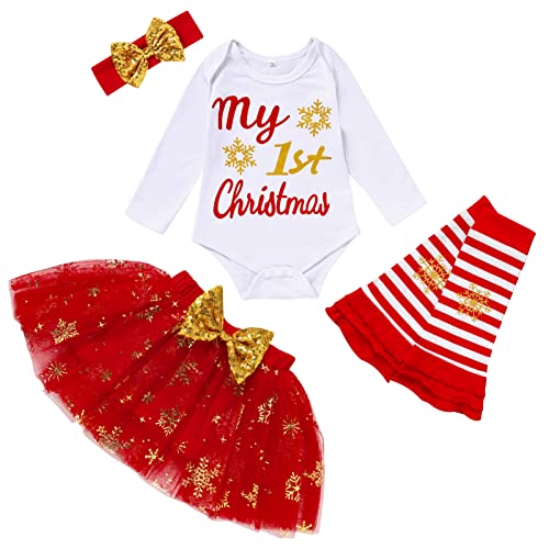Image of My First Christmas Clothes Baby Girls My 1st Christmas Romper Top+Dot Tutu Skirt+Leg Warmers+Headband 4Pcs Outfit Set