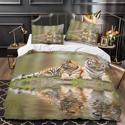 Housse de couette tigre imprimé 3D microfibre parure lit 1 place