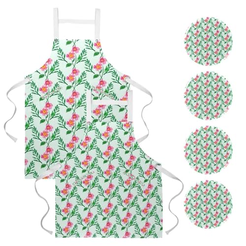 Lot de 2 tabliers de cuisine fleur verte florale multicolore taille unique avec 4 broches