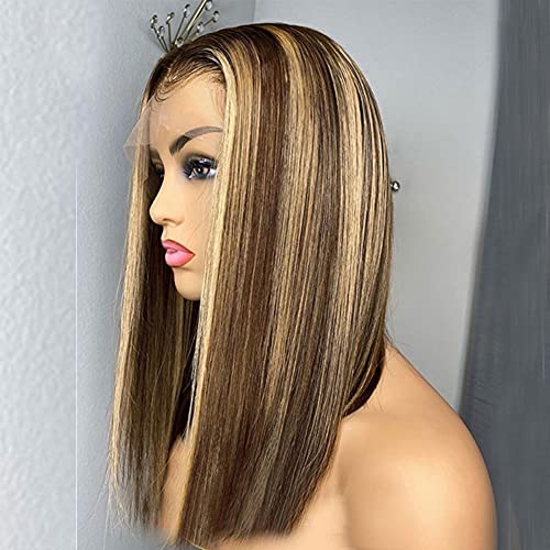 Bob Wig Human Hair Short Bob Straight Human Hair Wig For Black Women Highlight Ombre Lace Front Wig Human Hair Honey Blonde Lace Front Wig 4x4 Lace Closure Wig Short Real Human Hair Wig (14inch)