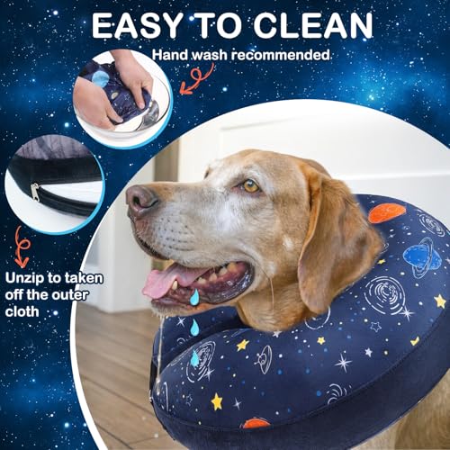 Image of SCENEREAL Dog Cone Alternative After Surgery Donut Collar, Soft Pet Recovery Pillow Collar for Medium Large Dogs, Inflatable Adjustable Neck Collars to Prevent Licking, Planet Print E-Collars M