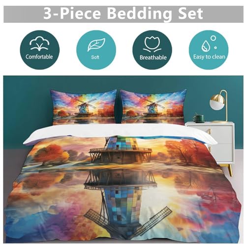 Housse couette imprimé windmill coloré parure lit 3 pièces microfibre douce