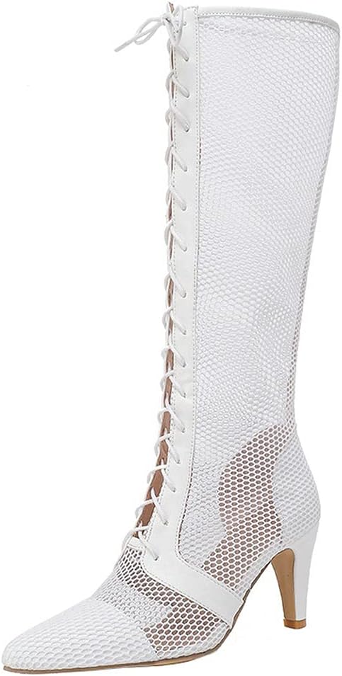 KOKOMOMO Womens Mesh Cutout Summer Knee High Boots Lace Up High Heel Pointed Toe Sandals