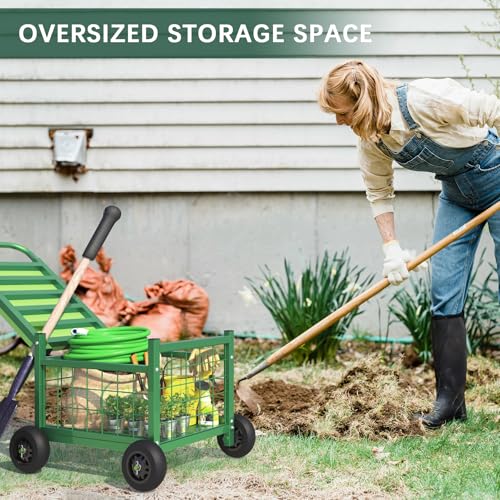 Image of Extra Large Garden Cart with Seat, 3-in-1 Rolling Workseat with Wheels | Upgraded Large Storage Basket Garden Rolling Stools with Wheels, Supports up to 500 LBS for Seniors Gardening, Green