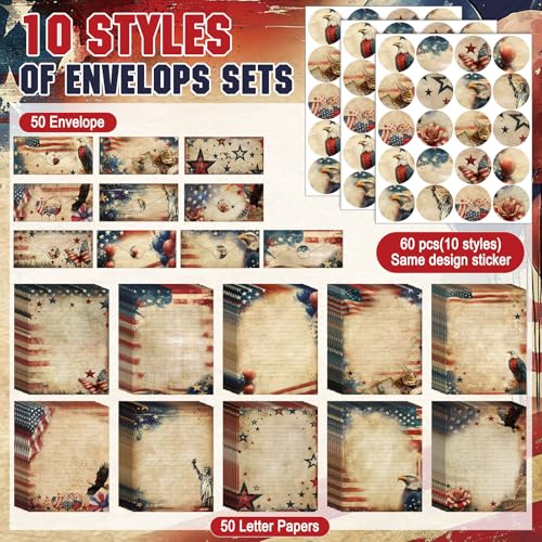 Image of TaoBary 160 Pcs Patriotic Stationery Paper and Envelopes Set 50 Double Sided Lined Stationery Paper with 50 Matching Envelopes and 60 Round Dot Sticker 8.5 x 11'' Letter Writing Kit, 10design