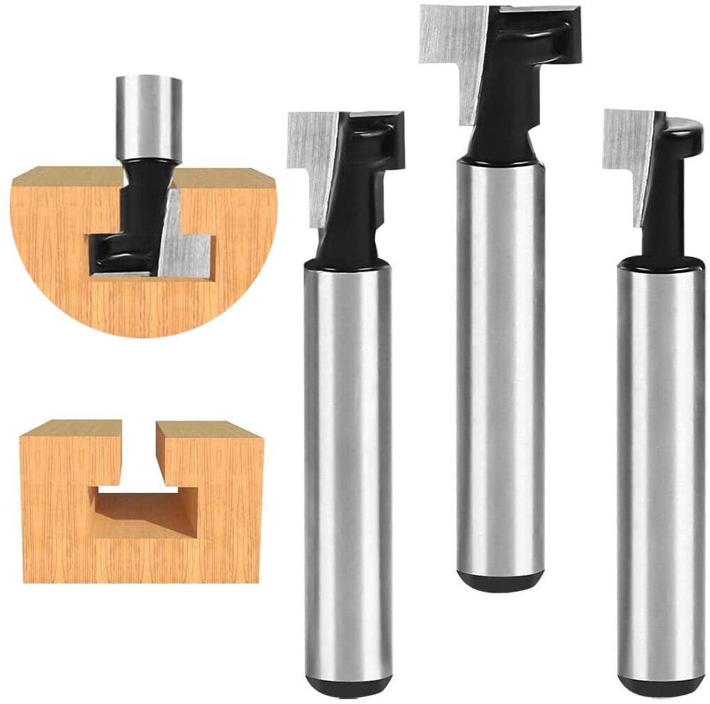 KASTWAVE 3PCS T-Slot Cutter Set, 1/4" Shank Router Bits for Woodworking, 1/2", 3/8", & 5/16" Length, Ideal for T-Track Slotting and Milling