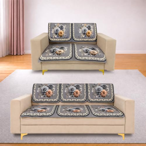 Image of Homerz 'Brooklyn Series' Premium Sofa Cover | Quilted Floral Design | Non-Slip Washable Sofa Protector | Soft Anti Slip Fabric (Grey, 5 (3+2) Seater, Seat Cover with Backrest)