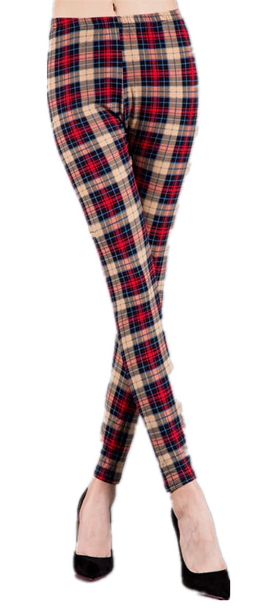Fioeyr Womens Red Tartan Check Print Elacticated Ladies Full Length Long Leggings Skinny Stretchy Pants Trousers