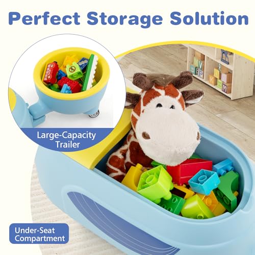 Image of Costzon Toddler Ride On Toys, 2 in 1 Ride-On Scooter with Trailer, Light, Music & Under-Seat Storage, Foot-to-Floor Sliding Car, Kids Riding Toy for 1+ Year Old Boys & Girls (Blue)