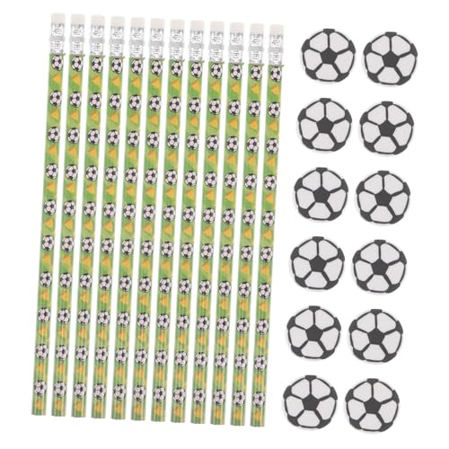 ARTIBETTER 12 Pack Boys and Girls Soccer Pencils Erasers Wooden Pencil Eraser Toy Set Soccer Print