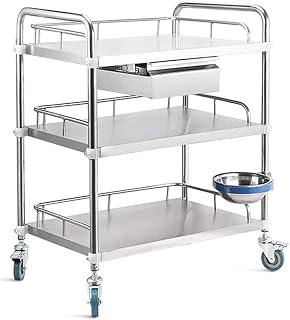 Trolley, Dental Laboratory Trolley, 3-Layer Single-Drawer Stainless Steel Trolley, Portable Beauty Salon Trolley with Whee