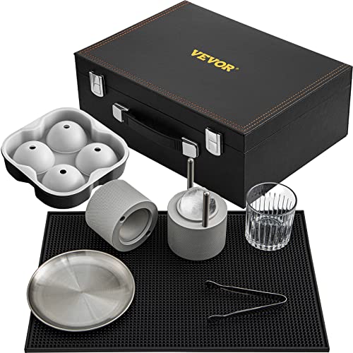 VEVOR Ice Ball Press Kit, Anodized 7075 Aluminum, w/Silicone Moulds, Large Mat, Stainless Steel Tong & Two Glasses, Double Size Crystal Clear Rounds Whiskeys, Cocktails on Parties & Holidays Silver