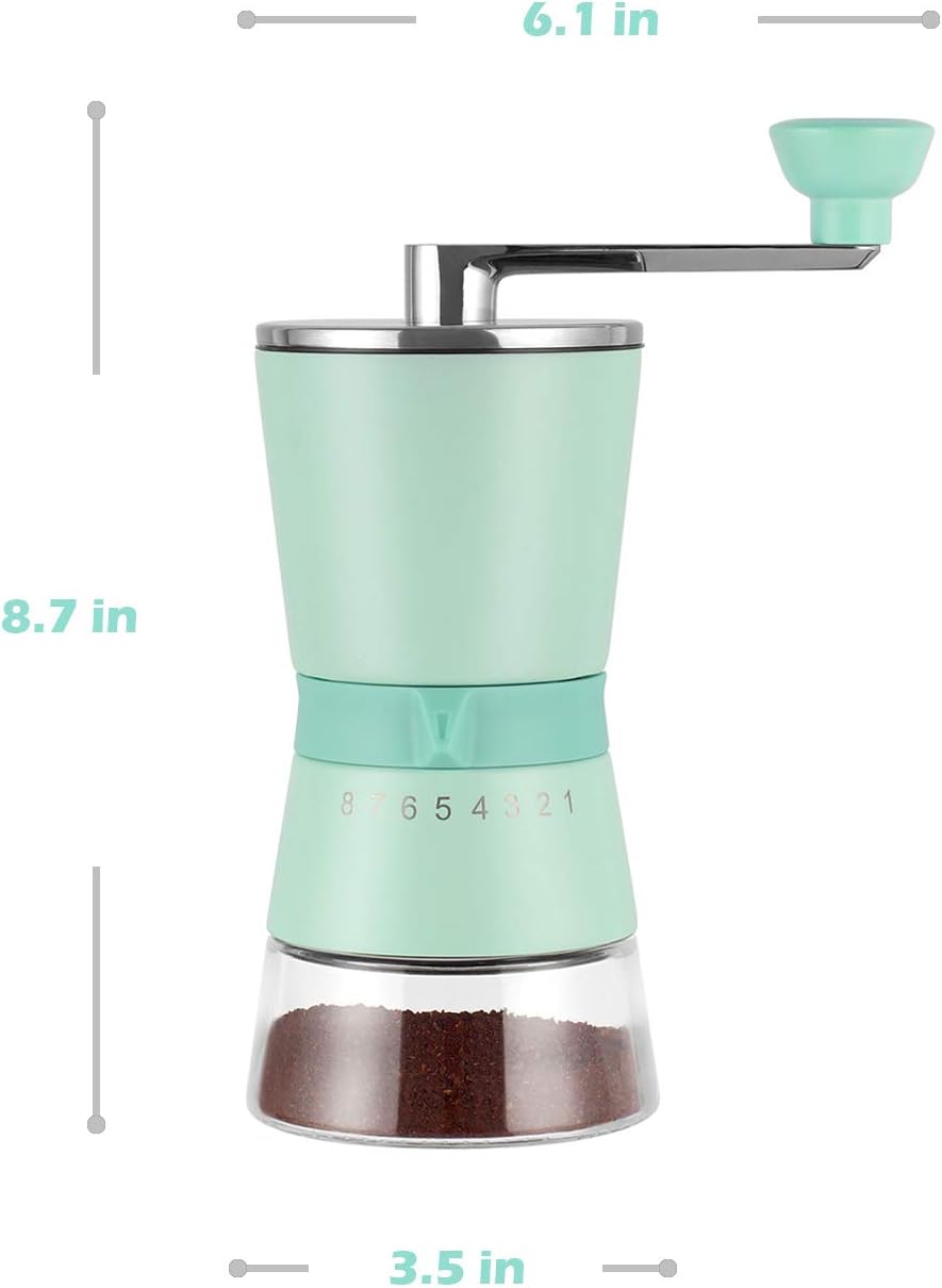Manual Coffee Grinder - Hand Coffee Mill with Conical Ceramic Burrs - 15 Adjustable Settings - Portable Hand Crank Extra Bonus Cap (Green)