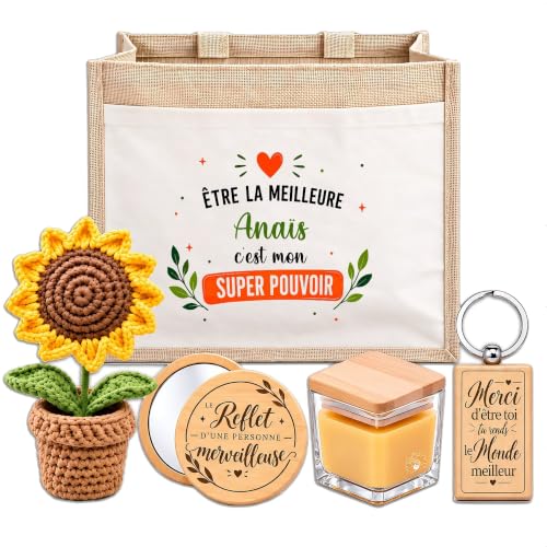 Planetee Coffret Sac Jute Meilleure Anaïs Super Pouvoir | Cabas 21 L, Bougie Cire d'Abeille, Miroir de Poche, Porte-Clés, Fleur en Crochet | 5 Pièces | Cadeau Noël Femme Anniversaire Fête Original