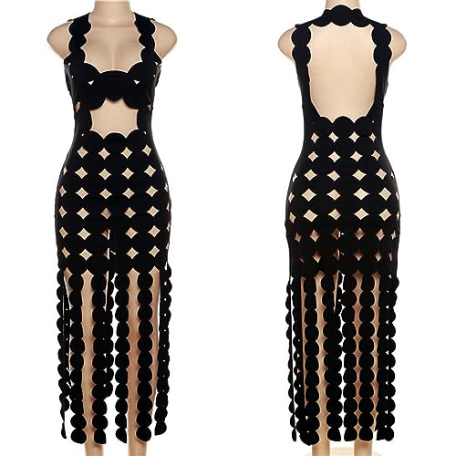 Image of Women's Sexy Sleeveless Hollow Out Maxi Dress Tassel See Through Backless Bodycon Party Club Long Dress