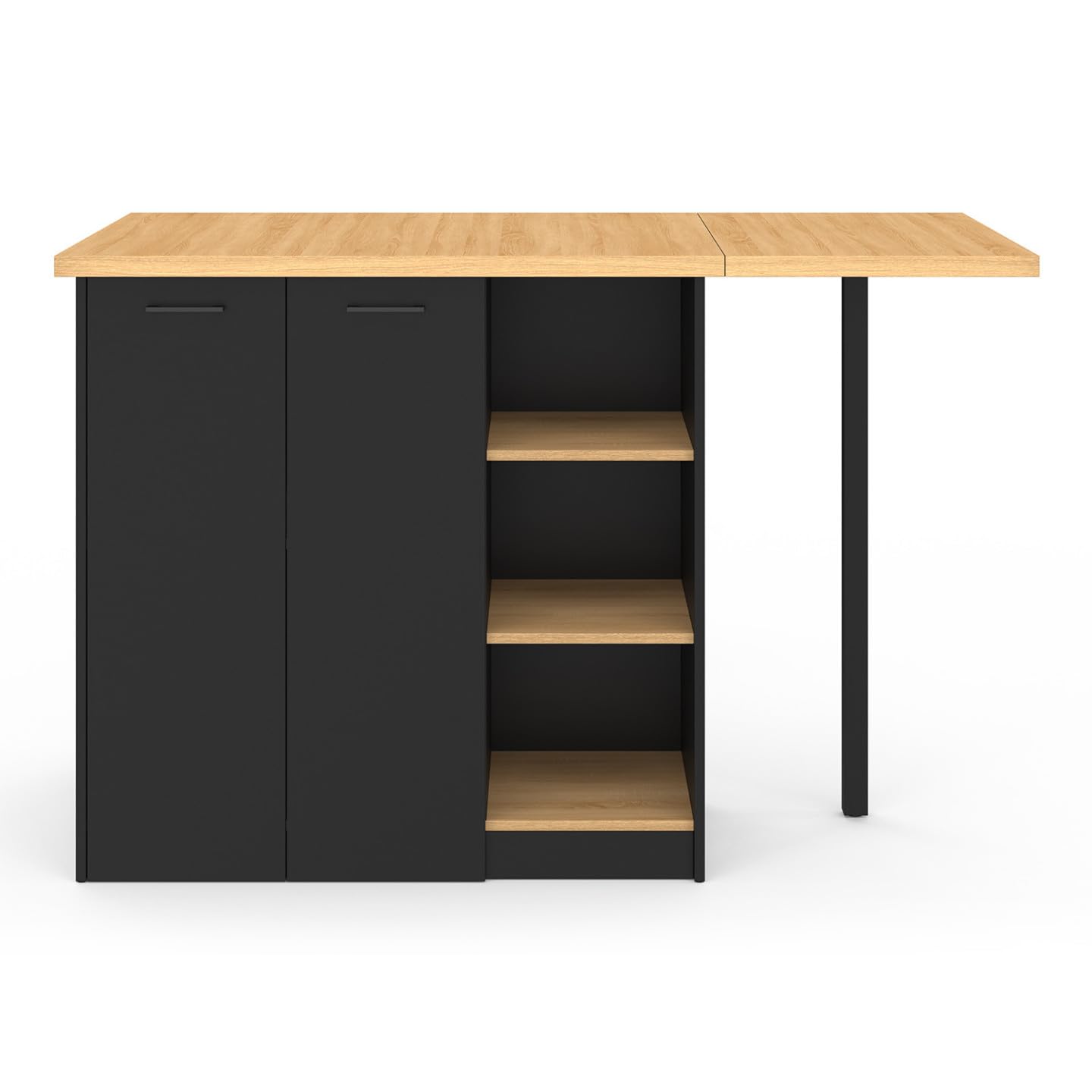 IDMarket - Ilot Central Cesar 140 cm 5 Personnes Bois Noir avec Plan de Travail façon hêtre