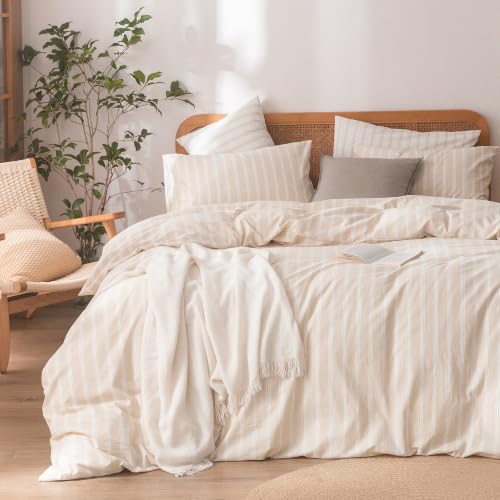 Image of BESTOUCH Striped Cotton Duvet Cover Set Linen Feel Alaska King | 100% Washed Cotton, Soft Wrinkle Texture, Hidden Zipper, 8 Ties, Breathable Lightweight Durable Comfy, 3 Pcs No Insert