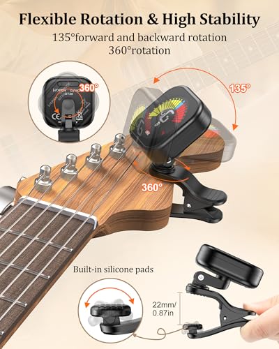 Image of New Bee Guitar Tuner Clip-On Rechargeable with Color Screen 360 Rotatable Acoustic Chromatic Open Tuning for Guitar, Bass, Ukulele, Violin (Black, 2 Pack)