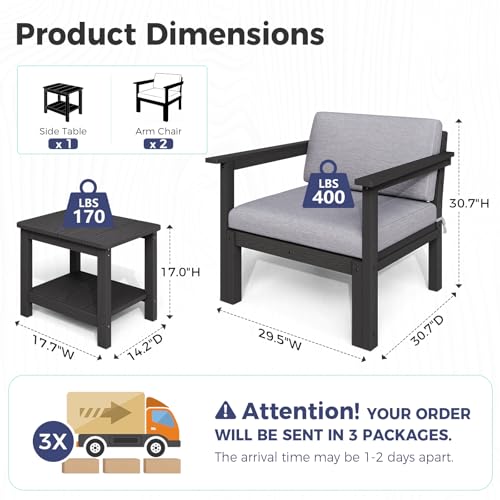 Image of Modular Outdoor Patio Conversation Set, 3-Piece HIPS Chairs with Side Table & Thick Cushions- Side Interlock & Detachable Armrest, All-Weather Patio Furniture Set for Backyard, Deck, Poolside