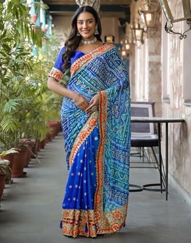 Image of SIRIL Women's Bandhani Printed, Foil Print, Sequins Embroidery And Pearl Lace Chiffon Saree With Unstitched Blouse Piece