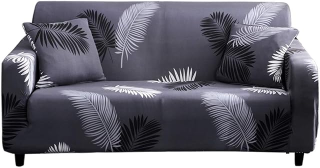 HOTNIU Printed Sofa Slipcover for 2 Seater Couch - Spandex Stretch Fit with Elastic Strap Sofa Cover - 1-Piece Anti- Slip Wrinkle Resistant Couch Cover (Black Grey Feather, 2 Seater)