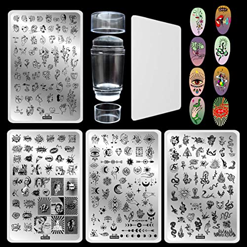 Kit d'estampage d'ongles,4 pièces grandes plaques de tampons à ongles 1 pièces tampon d'art d'ongle en gelée transparente double face avec grattoir,pochoirs de...