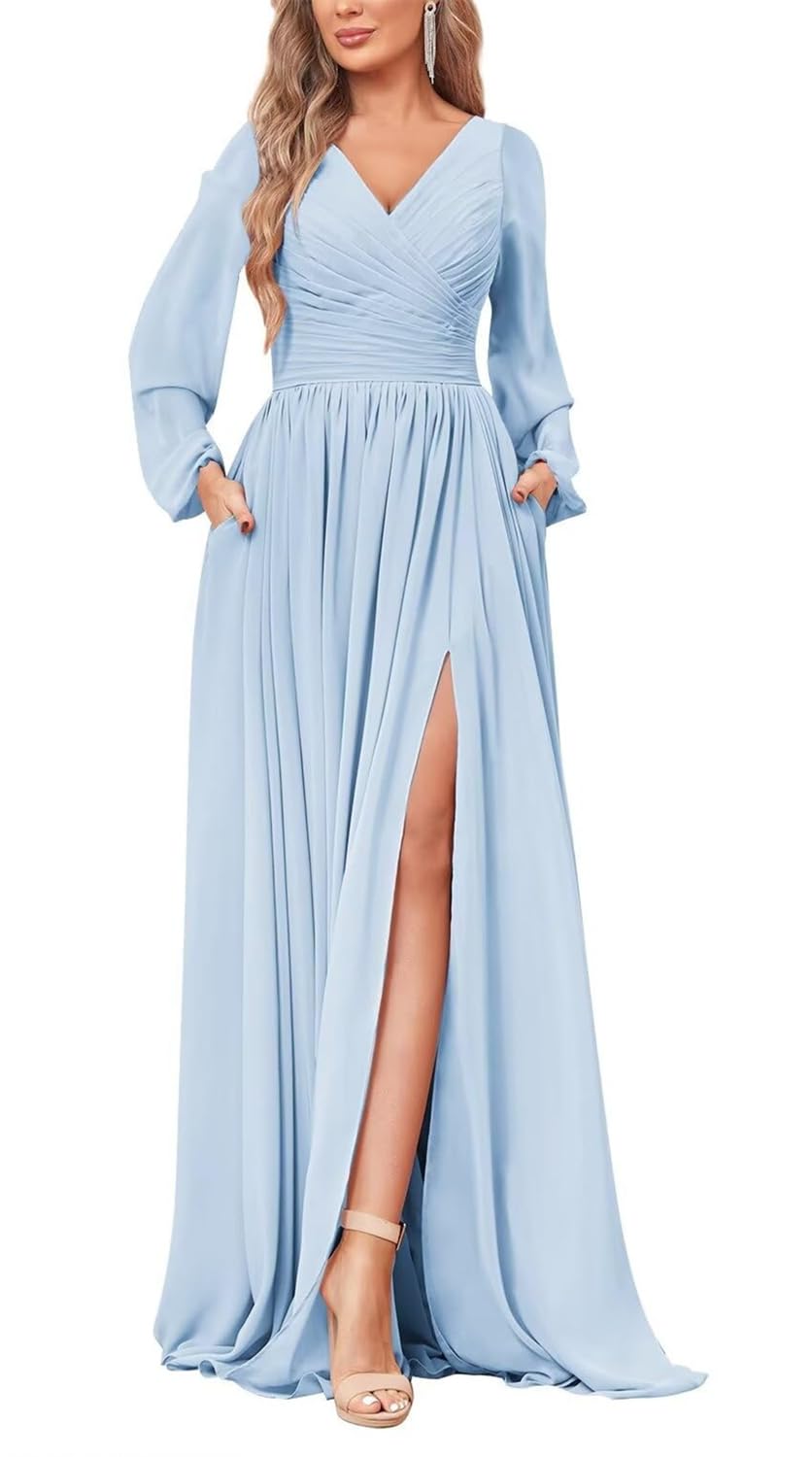 Hppee Women's Light Blue Ligth Blue Long Sleeve Bridesmaid Dresses With Sleeves Slit Plus Size Chiffon Corset Formal Evening Dress Uk24
