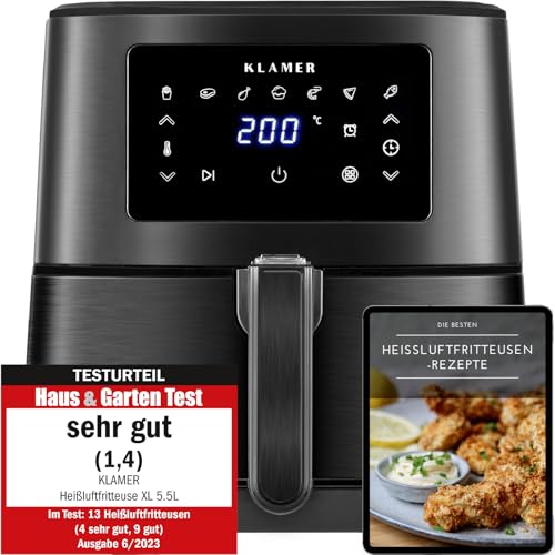 KLAMER Heißluftfritteuse 5,5l XXL, ölfreie Friteuse, 1700W Airfryer mit LED-Touchscreen, digitalem deutschen Rezeptbuch, multifunktionale Mini-Heissluftfrittuese ohne Öl