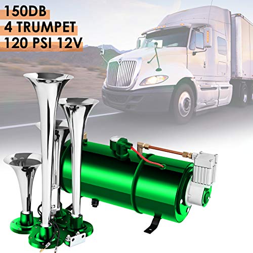 Mauccau 150DB Air Horn Kit, 4 Trumpet Train Air Horn kit with 120 PSI Air Compressor for Any 12V Vehicles Truck Train Van Boat Car (Green)