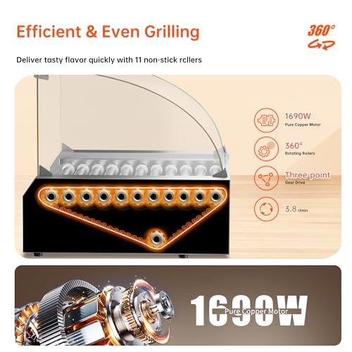 Image of 1670W Commercial Hot Dog Rollers,11 Rollers 30 Hotdog Roller Grill,Stainless Steel Hot Dog Machine with Dust Cover,Hot Dog Roller Machine with Dual Temp Control and Led Light (Red)