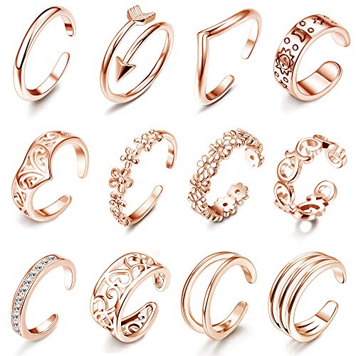 LOLIAS 12Pcs Open Toe Rings for Women Arrow Adjustable Toe Band Ring Gifts Beach Foot Jewelry Set,Rose Gold