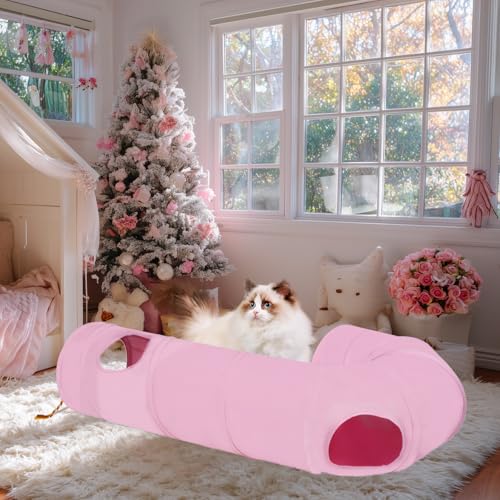 Image of Cat Tunnel, 2-Way Collapsible Cat Tube with Interactive Peek-A-Boo Hole, Toy Ball, and Rope - Ideal for Indoor Cats, Kittens, and Rabbits (Pink)