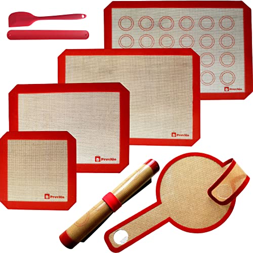 5 Tapis de cuisson en silicone et fibre de verre réutilisable à vie + spatule + bracelet de rangement|anti-adhésif certifié sans BPA & LFGB|idéal pour pain|pizza|macaron|cookies|poisson|poulet|légumes